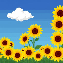 A charming pixel art depiction of a field of sunflowers, each with bright yellow petals and rich brown centers, swaying gently in the breeze