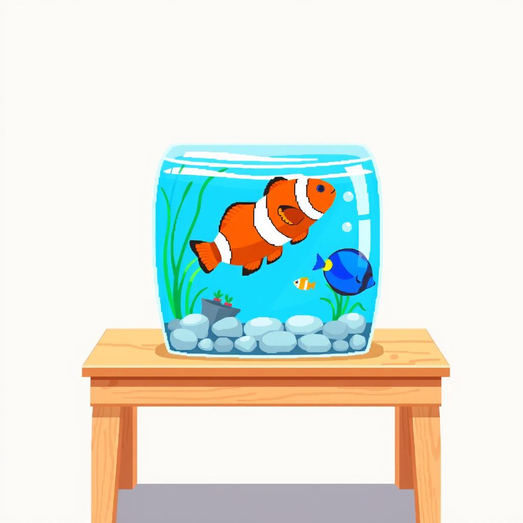 A delightful pixel art illustration of a small aquarium placed on a wooden table