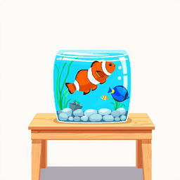 A delightful pixel art illustration of a small aquarium placed on a wooden table