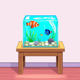 A delightful pixel art illustration of a small aquarium placed on a wooden table