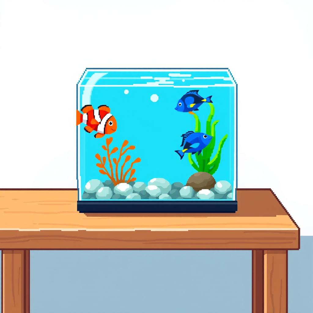 A delightful pixel art illustration of a small aquarium placed on a wooden table