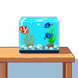 A delightful pixel art illustration of a small aquarium placed on a wooden table