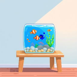 A delightful pixel art illustration of a small aquarium placed on a wooden table