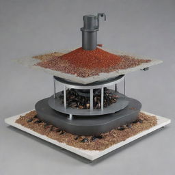 An illustrated research setup showcasing crushed mussel shells being utilized as fire retardant within a fire sprinkler system. Display the shells in a processing chamber where they get crushed and integrated into the sprinkler system.