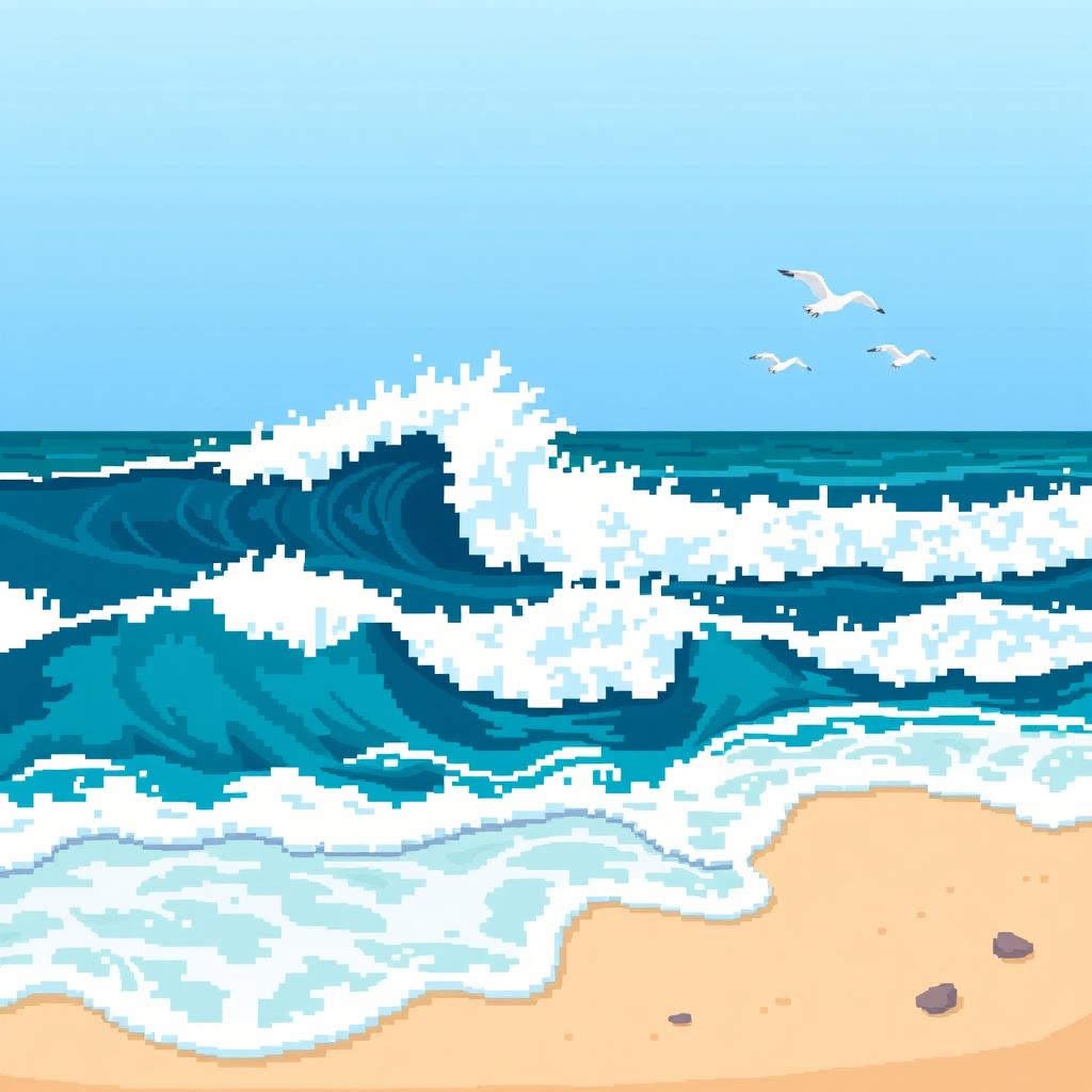 A captivating pixel art scene showcasing stylized ocean waves crashing against the shore