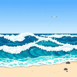 A captivating pixel art scene showcasing stylized ocean waves crashing against the shore