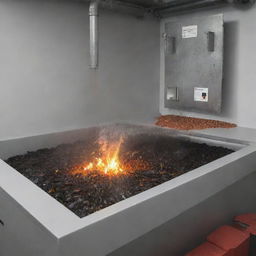 An illustrated research setup showcasing crushed mussel shells being utilized as fire retardant within a fire sprinkler system. Display the shells in a processing chamber where they get crushed and integrated into the sprinkler system.