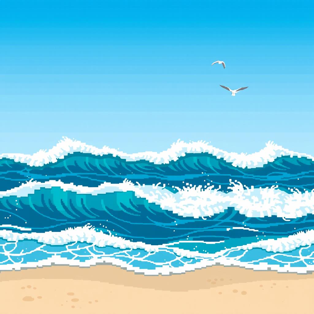 A captivating pixel art scene showcasing stylized ocean waves crashing against the shore