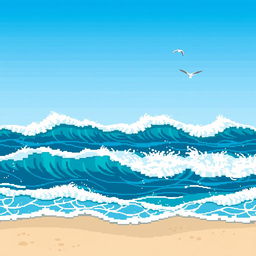 A captivating pixel art scene showcasing stylized ocean waves crashing against the shore