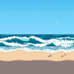 A captivating pixel art scene showcasing stylized ocean waves crashing against the shore