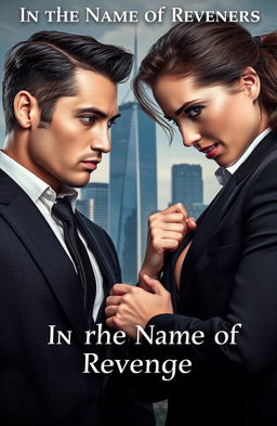 A captivating scene from a romance story titled 'In the Name of Revenge', depicting an intense enemy-to-lovers relationship between a sophisticated businessman and a glamorous businesswoman