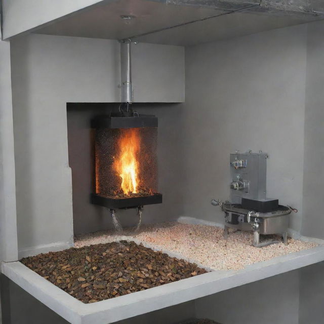 An illustrated research setup showcasing crushed mussel shells being utilized as fire retardant within a fire sprinkler system. Display the shells in a processing chamber where they get crushed and integrated into the sprinkler system.