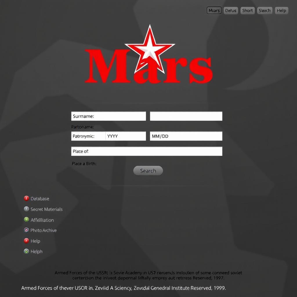 A military-themed website interface showcasing a search engine dedicated to retrieving information related to Soviet military personnel