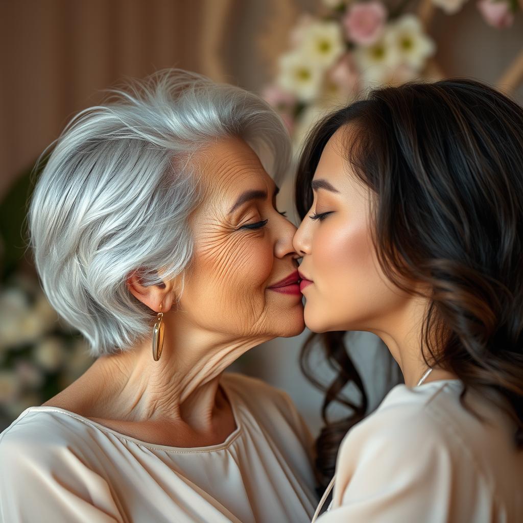 A tender moment between two women in a close-up shot, showcasing their affectionate kiss