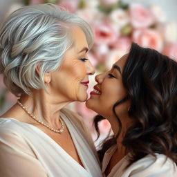 A tender moment between two women in a close-up shot, showcasing their affectionate kiss