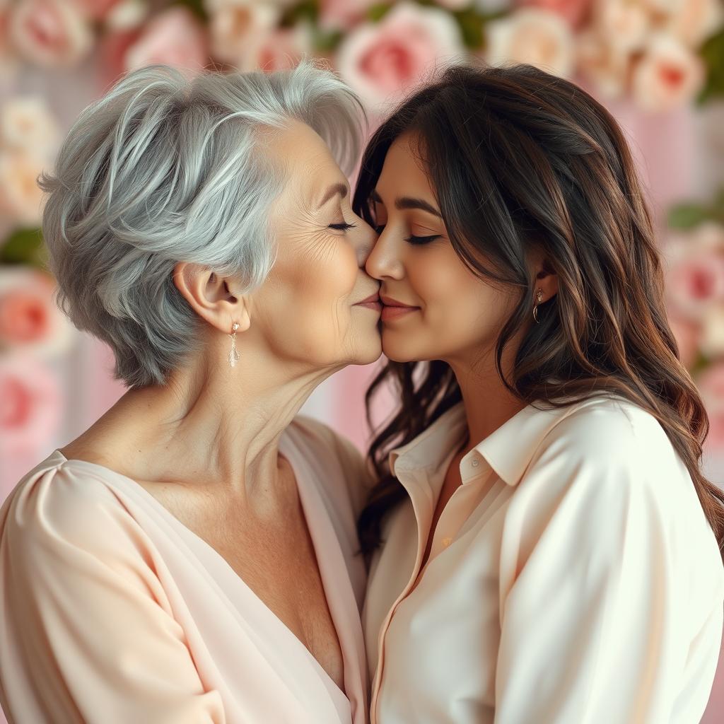 A tender moment between two women in a close-up shot, showcasing their affectionate kiss