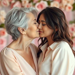 A tender moment between two women in a close-up shot, showcasing their affectionate kiss