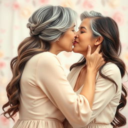 A tender moment between two women in a close-up shot, showcasing their affectionate kiss