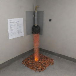 An illustrated research setup showcasing crushed mussel shells being utilized as fire retardant within a fire sprinkler system. Display the shells in a processing chamber where they get crushed and integrated into the sprinkler system.