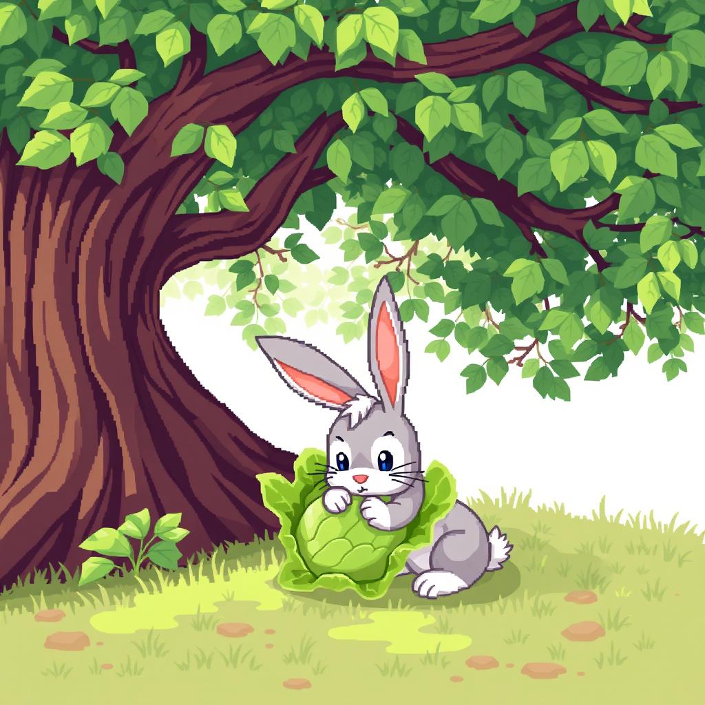 A delightful pixel art scene featuring a cute rabbit munching on a fresh green cabbage under a sprawling tree