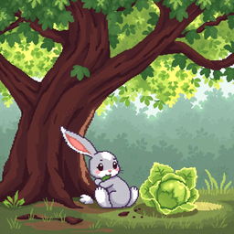 A delightful pixel art scene featuring a cute rabbit munching on a fresh green cabbage under a sprawling tree