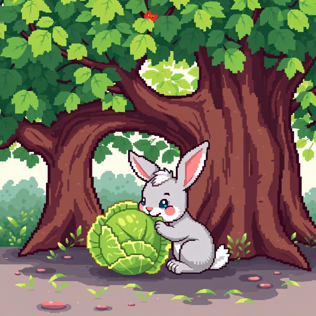 A delightful pixel art scene featuring a cute rabbit munching on a fresh green cabbage under a sprawling tree