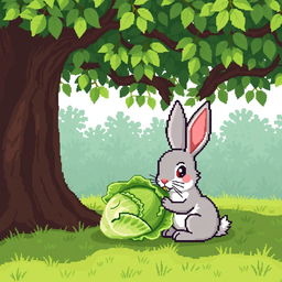 A delightful pixel art scene featuring a cute rabbit munching on a fresh green cabbage under a sprawling tree