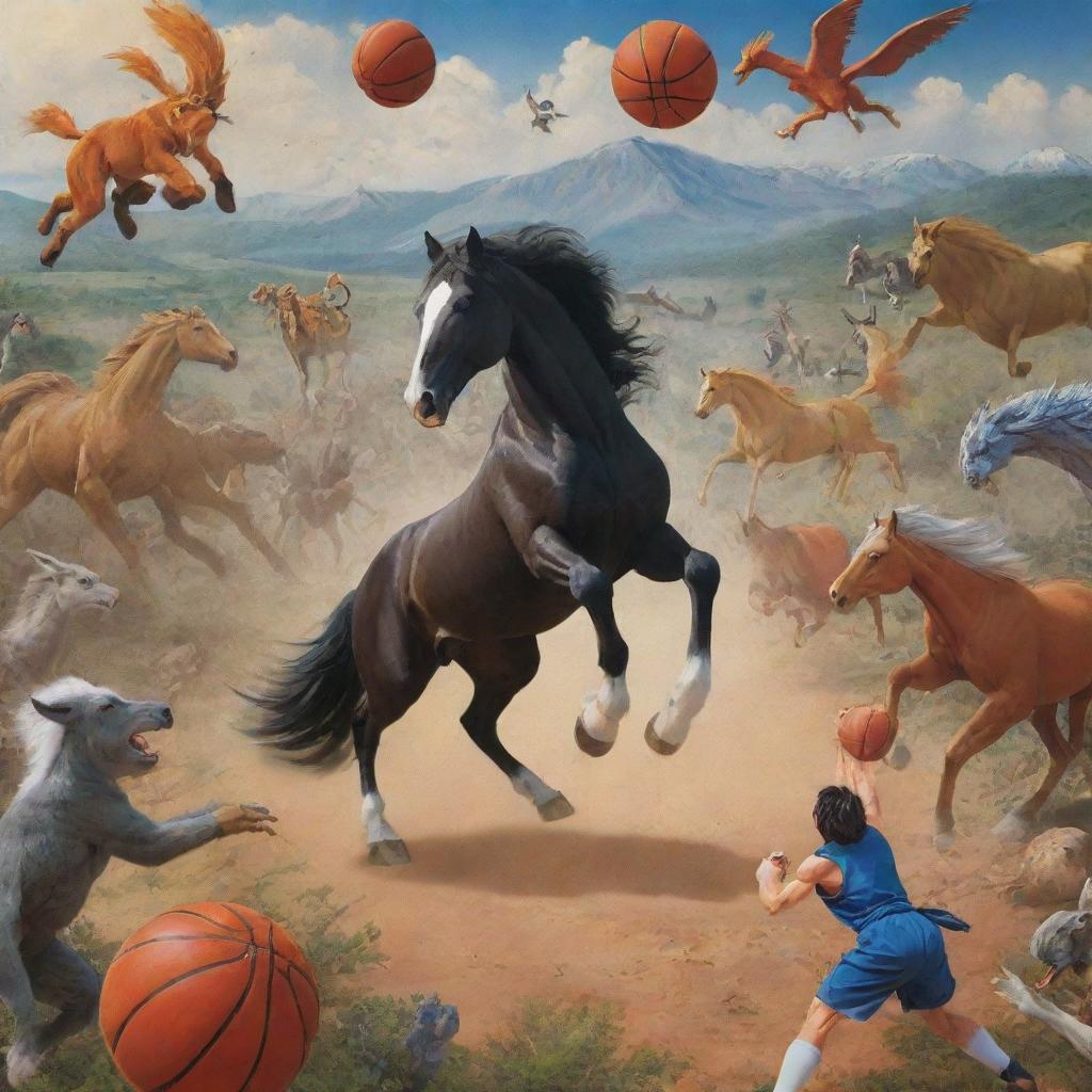 A spirited horse skillfully shooting a basketball, surrounded by a plethora of diverse wildlife. A looking-over scene where God and Jesus, accompanied by battling characters Goku and Vegeta from Dragon Ball, witness this spectacle from above.