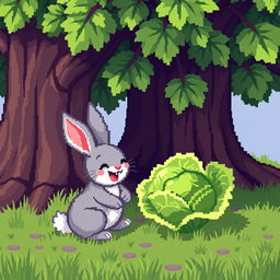 A charming pixel art scene depicting a cute rabbit happily munching on a fresh green cabbage under a large, leafy tree