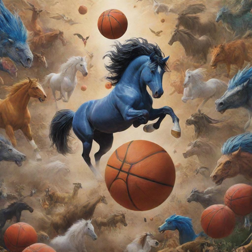 A spirited horse skillfully shooting a basketball, surrounded by a plethora of diverse wildlife. A looking-over scene where God and Jesus, accompanied by battling characters Goku and Vegeta from Dragon Ball, witness this spectacle from above.