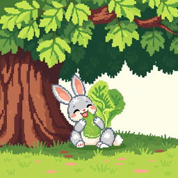 A charming pixel art scene depicting a cute rabbit happily munching on a fresh green cabbage under a large, leafy tree