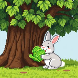 A charming pixel art scene depicting a cute rabbit happily munching on a fresh green cabbage under a large, leafy tree