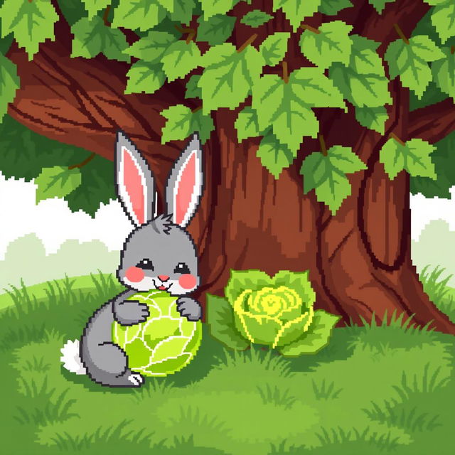 A charming pixel art scene depicting a cute rabbit happily munching on a fresh green cabbage under a large, leafy tree