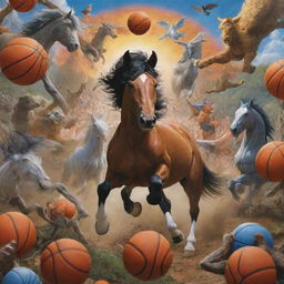 A spirited horse skillfully shooting a basketball, surrounded by a plethora of diverse wildlife. A looking-over scene where God and Jesus, accompanied by battling characters Goku and Vegeta from Dragon Ball, witness this spectacle from above.