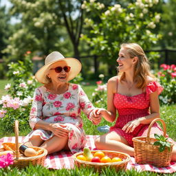 A warm and joyful scene of an elderly woman, affectionately known as grandma, enjoying a sunny day at a park with her cheerful girlfriend