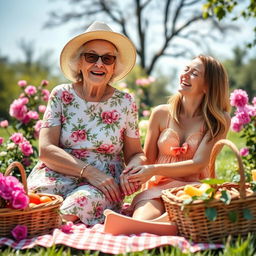 A warm and joyful scene of an elderly woman, affectionately known as grandma, enjoying a sunny day at a park with her cheerful girlfriend