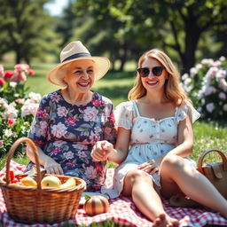 A warm and joyful scene of an elderly woman, affectionately known as grandma, enjoying a sunny day at a park with her cheerful girlfriend