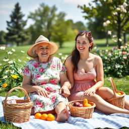 A warm and joyful scene of an elderly woman, affectionately known as grandma, enjoying a sunny day at a park with her cheerful girlfriend