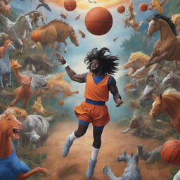 A spirited horse skillfully shooting a basketball, surrounded by a plethora of diverse wildlife. A looking-over scene where God and Jesus, accompanied by battling characters Goku and Vegeta from Dragon Ball, witness this spectacle from above.