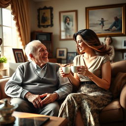 An elderly man, charming and charismatic, sitting comfortably in a cozy living room, with a vibrant, attractive woman by his side