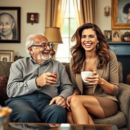 An elderly man, charming and charismatic, sitting comfortably in a cozy living room, with a vibrant, attractive woman by his side