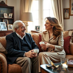 An elderly man, charming and charismatic, sitting comfortably in a cozy living room, with a vibrant, attractive woman by his side