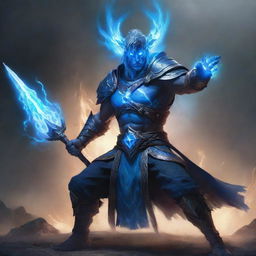 A formidable warrior infused with glowing blue mana energy, armed with a magical staff that's pulsing with the same energy, in a dramatic fantasy battlefield.