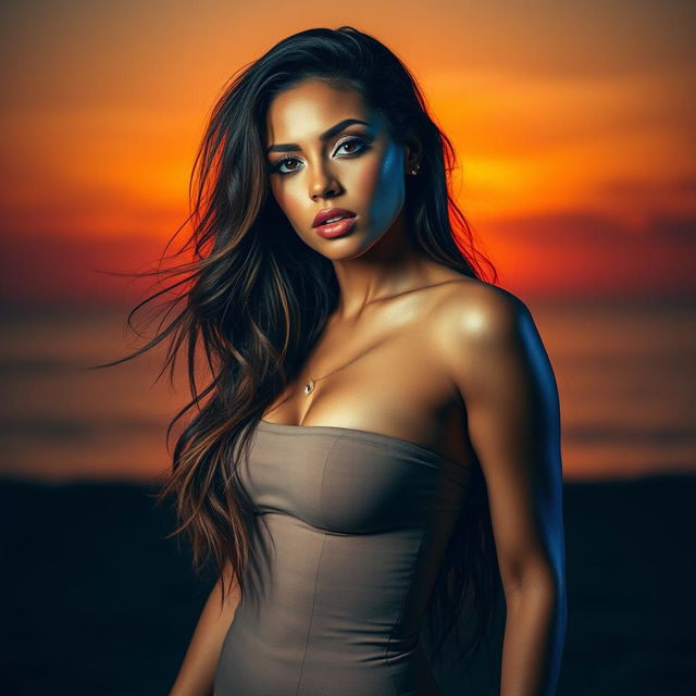 A beautiful and alluring woman standing confidently in a sultry pose, with long flowing hair cascading over her shoulders