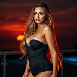 A beautiful and alluring woman standing confidently in a sultry pose, with long flowing hair cascading over her shoulders