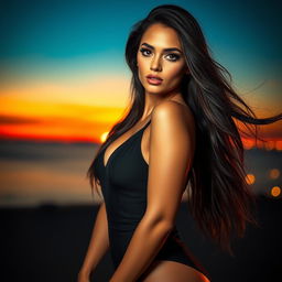 A beautiful and alluring woman standing confidently in a sultry pose, with long flowing hair cascading over her shoulders