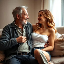 An older man engaging in intimate interaction with a young attractive woman, depicting a playful and flirtatious mood