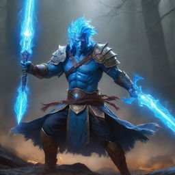 A formidable warrior infused with glowing blue mana energy, armed with a magical staff that's pulsing with the same energy, in a dramatic fantasy battlefield.