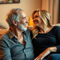 An older man engaging in intimate interaction with a young attractive woman, depicting a playful and flirtatious mood