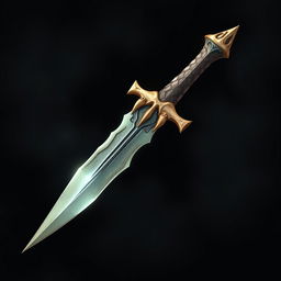 An artistic illustration of a dagger crafted entirely from the fang of a dragon, emphasizing its structure as a dragon's tooth with no metal components whatsoever